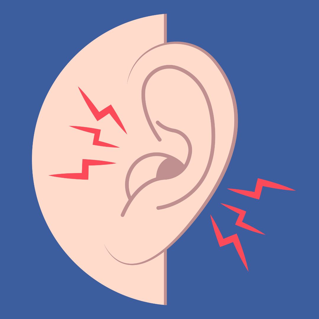 Ear with red pain lines illustration.